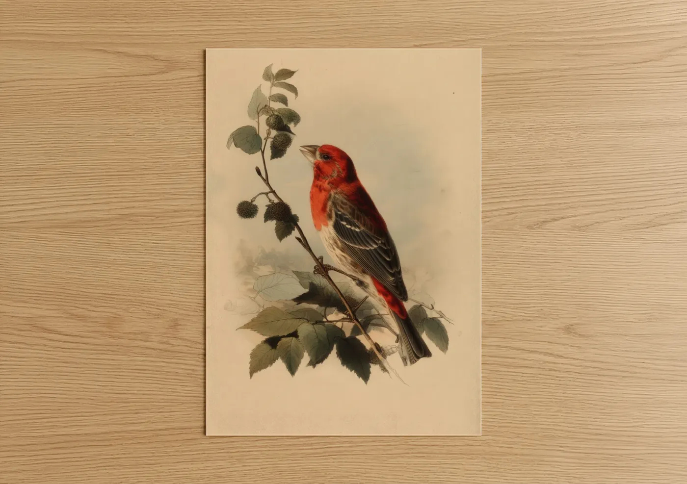 Scarlet Finch with Berries Vintage Wall Art