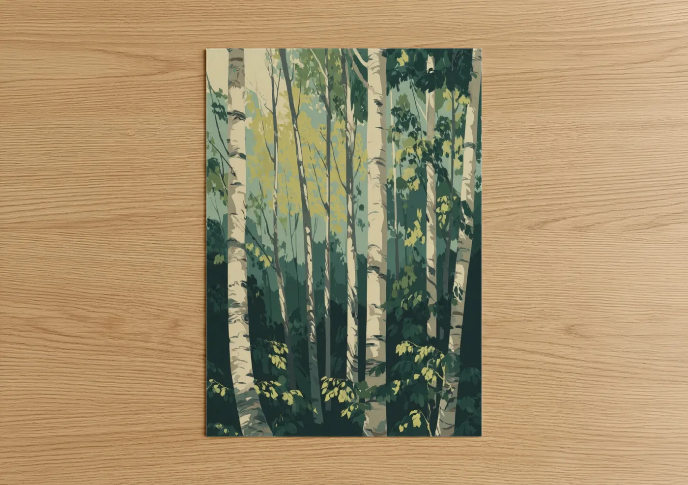 Art print on warm oak wood — white and dark green palette — Birch Forest Light poster