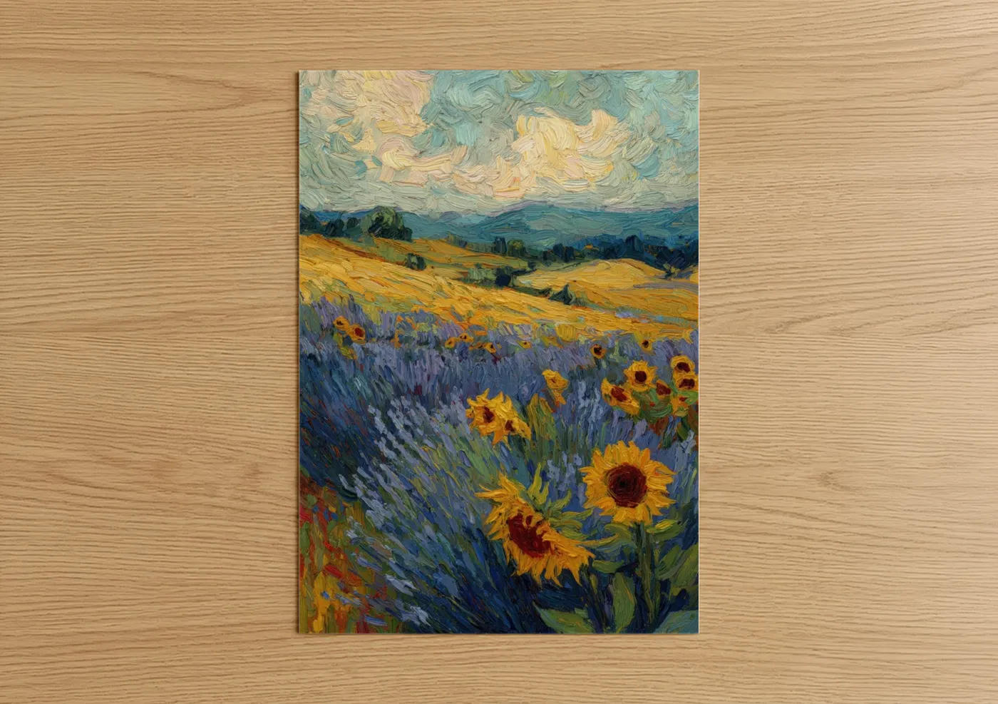 Art print on warm oak wood — yellow gold and blue palette — Sunflower Spring poster