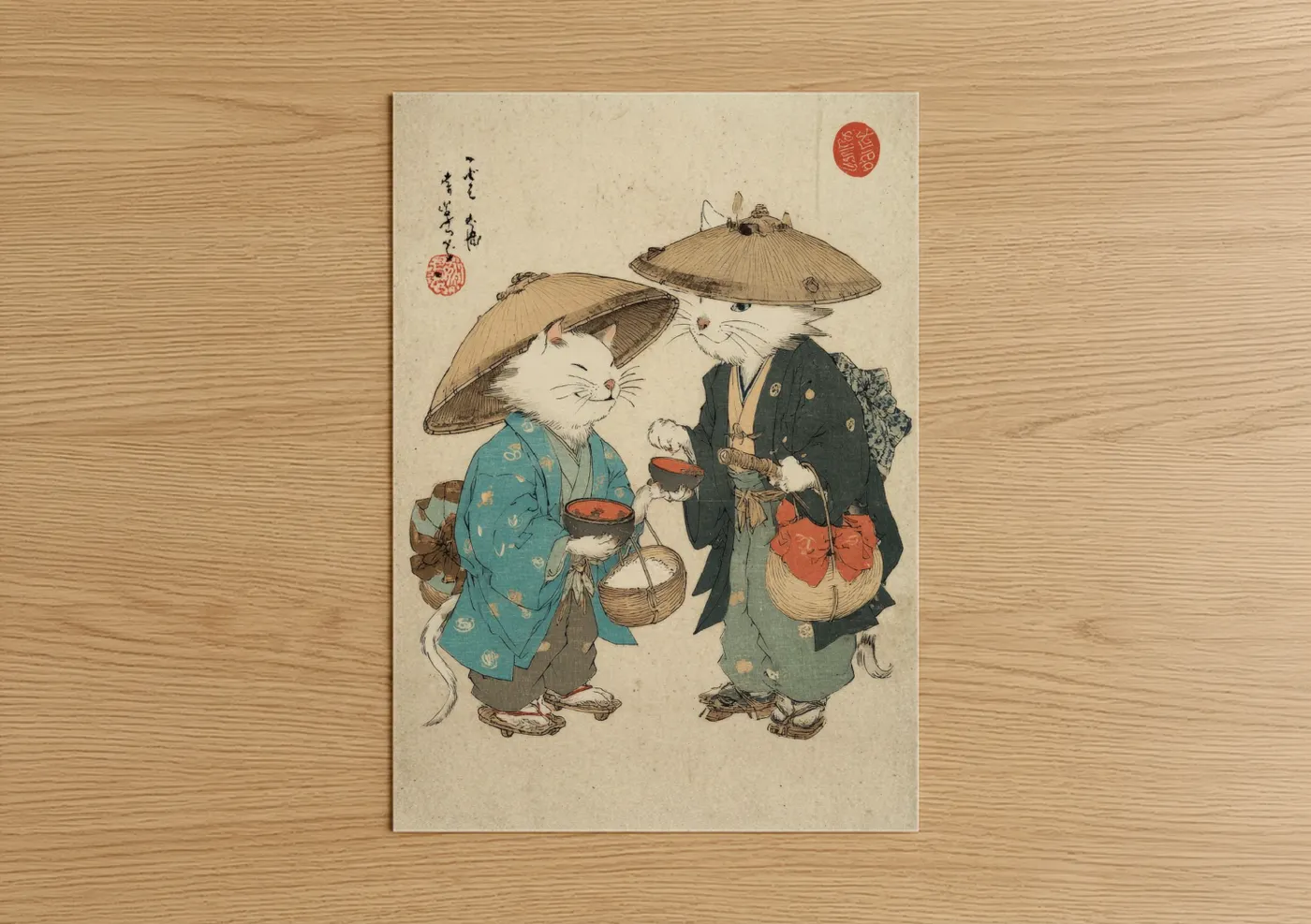 Art print on warm oak wood — cream and blue and gold palette — Cats with Umbrellas poster
