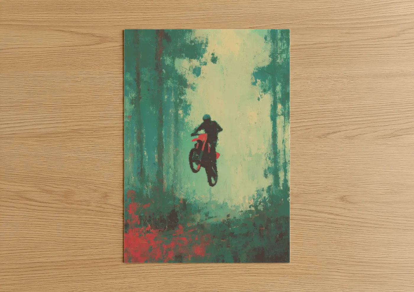 Art print on warm oak wood — teal and red palette — Red Motocross Jump poster