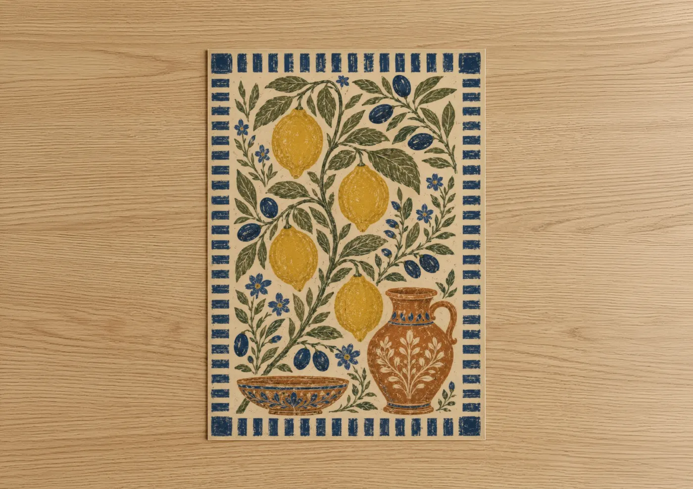 Olive tree art print on warm oak wood — blue and yellow palette — Mediterranean Lemon and Olive Wall Art poster