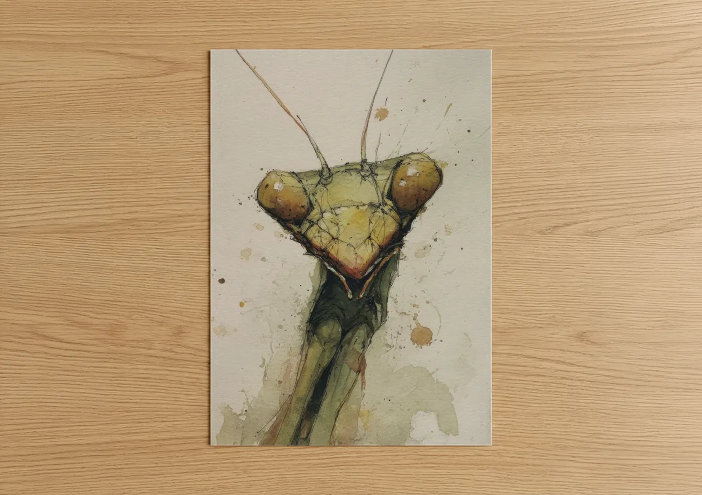 Prayin mantis art print on warm oak wood — gold and olive palette — Golden Mantis poster