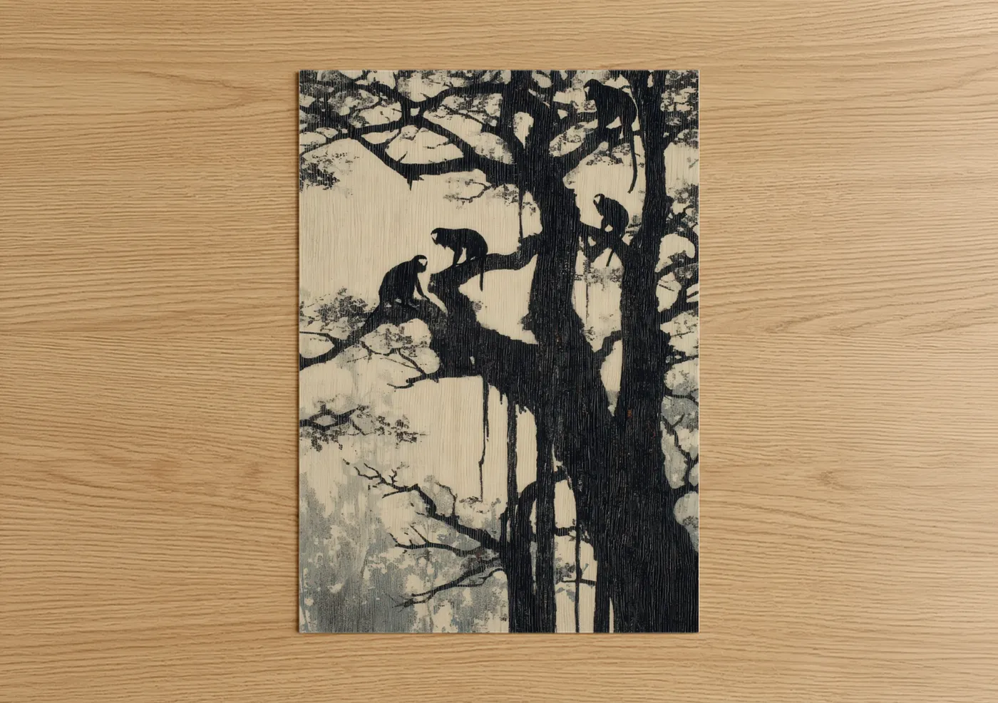 Tropical trees art print on warm oak wood — black and white and cream palette — Climbing Monkeys poster
