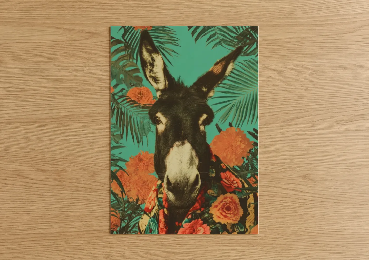 Art print on warm oak wood — teal and orange palette — Tropical Donkey poster