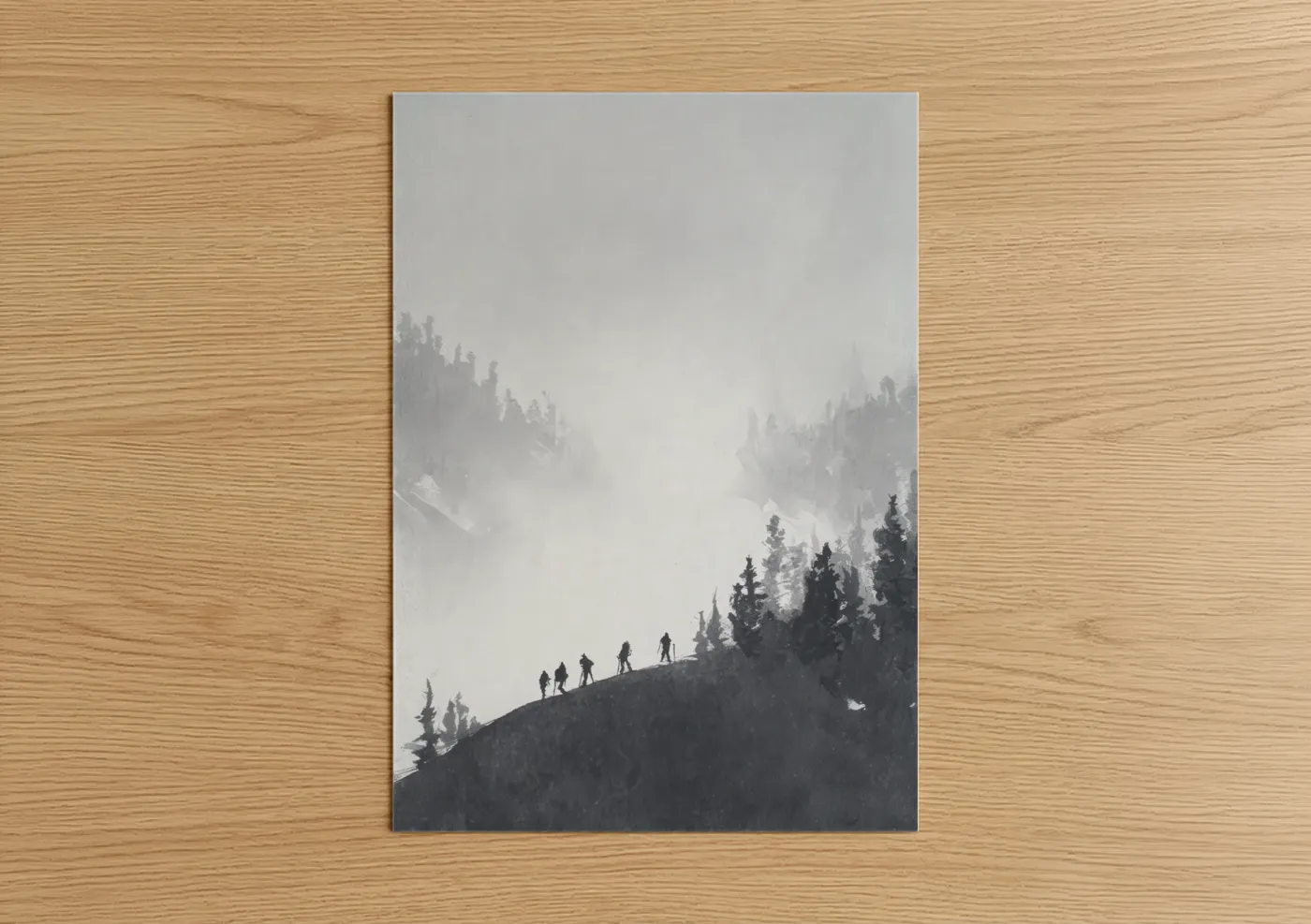 Snowboarding art print on warm oak wood — gray and white and black and white palette — Snowy Mountain Ascent poster