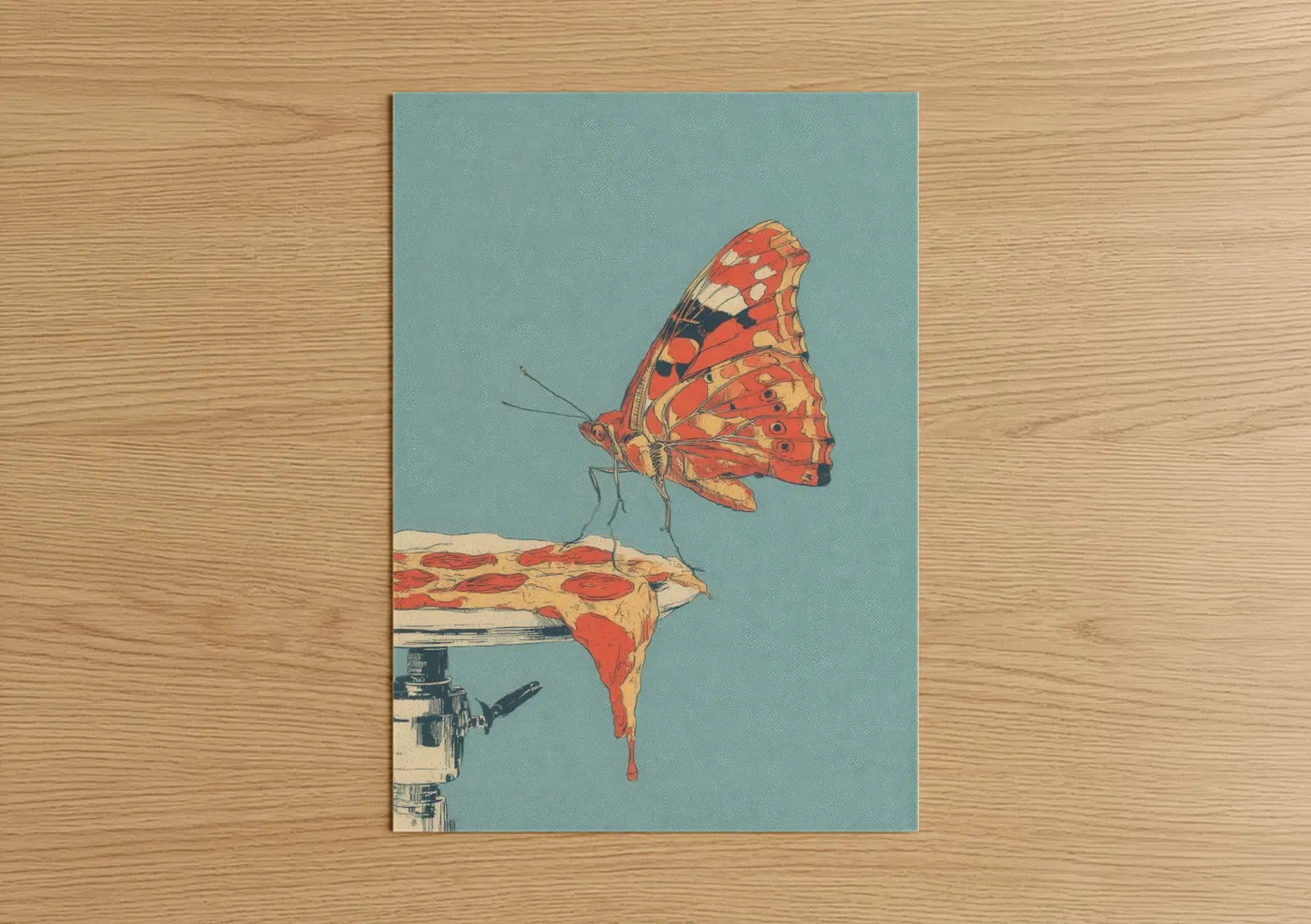 Art print on warm oak wood — red and turquoise palette — Painted Butterfly poster