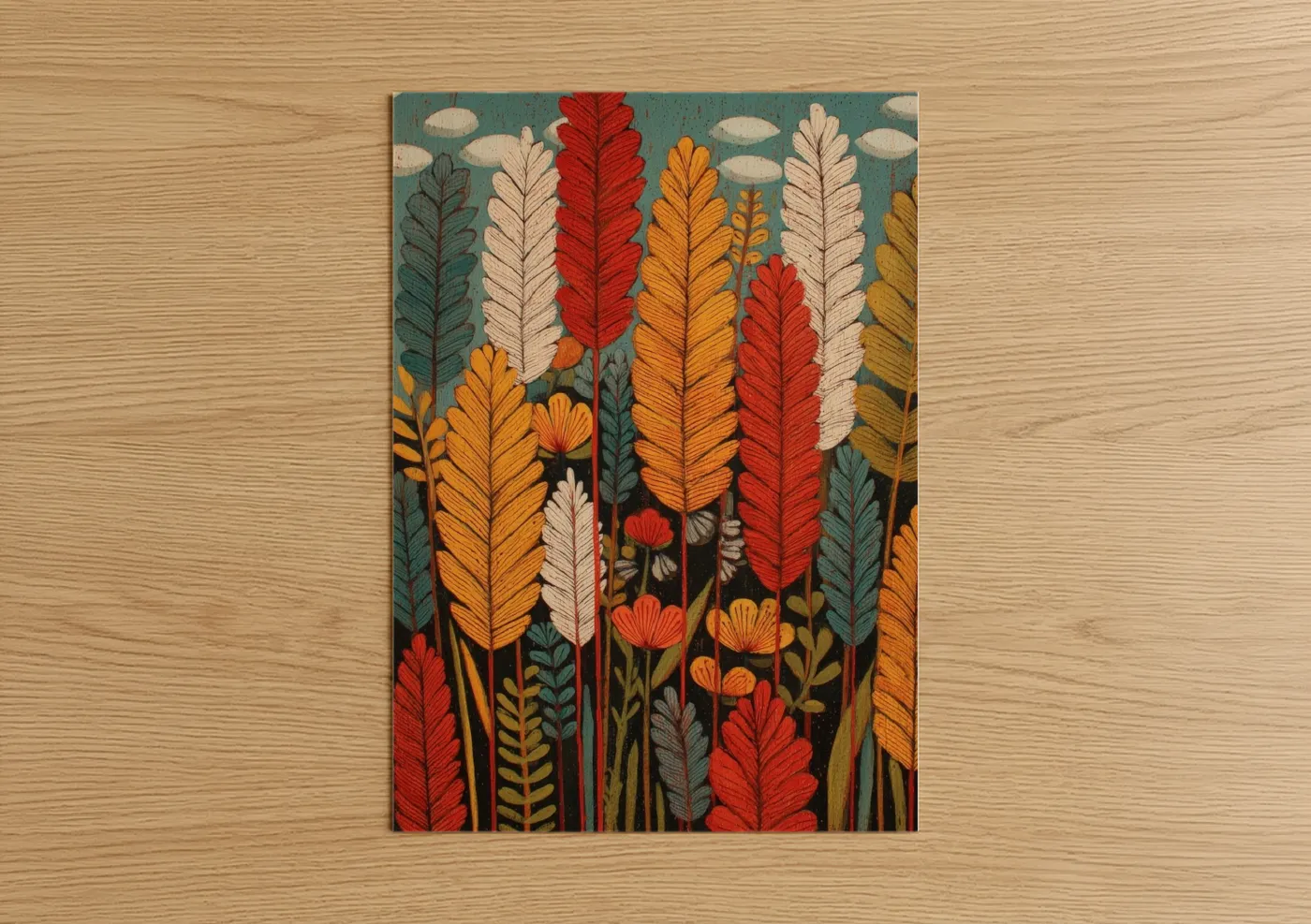 Art print on warm oak wood — gold and teal palette — Autumn Grain Field poster