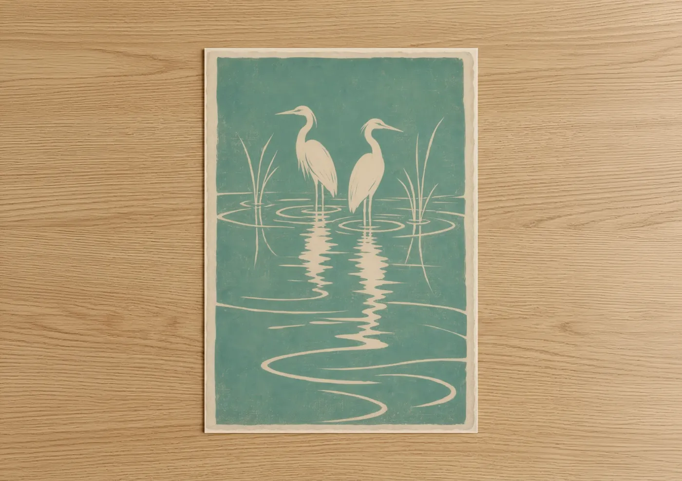 Art print on warm oak wood — teal and cream palette — Herons in Tranquil Water Wall Art poster