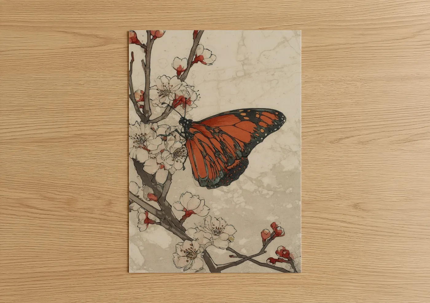 Butterfly art print on warm oak wood — russet and cream palette — Monarch Blossom poster