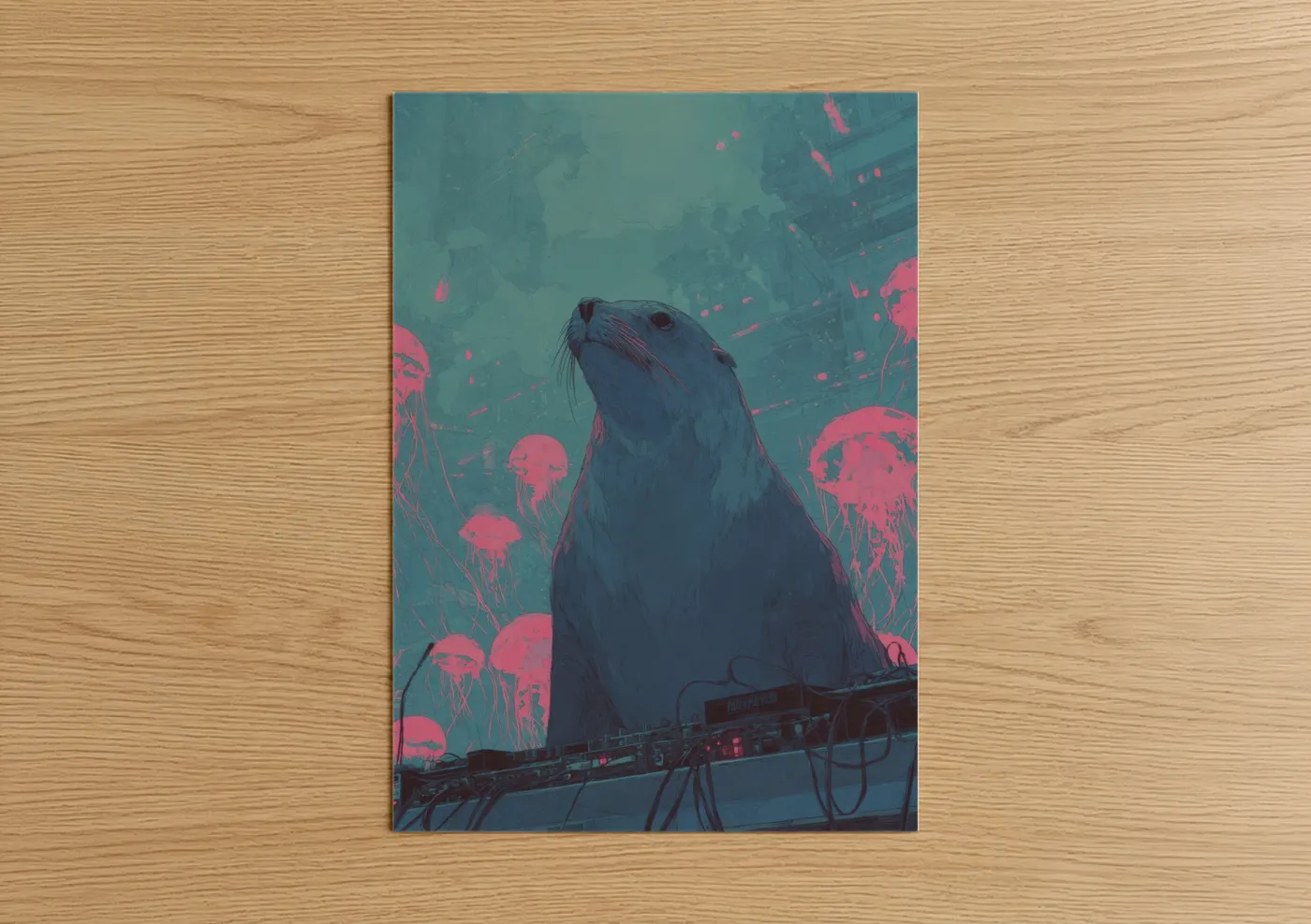 Neon Sea Lion Jellyfish Digital Wall Art