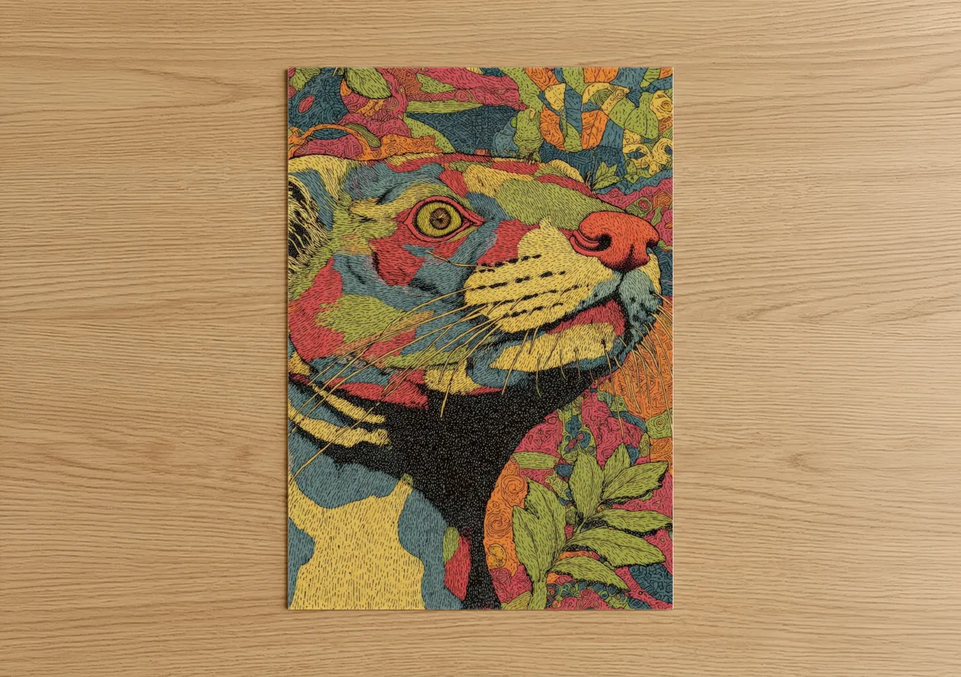 Art print on warm oak wood — gold and magenta palette — Colorful Weasel poster
