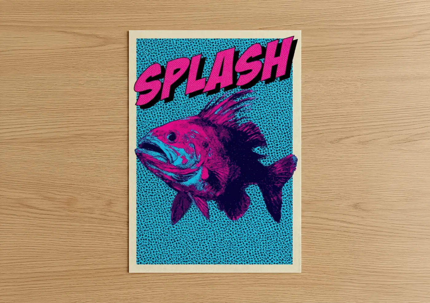 Art print on warm oak wood — magenta and blue palette — Splash Dragon Fish poster