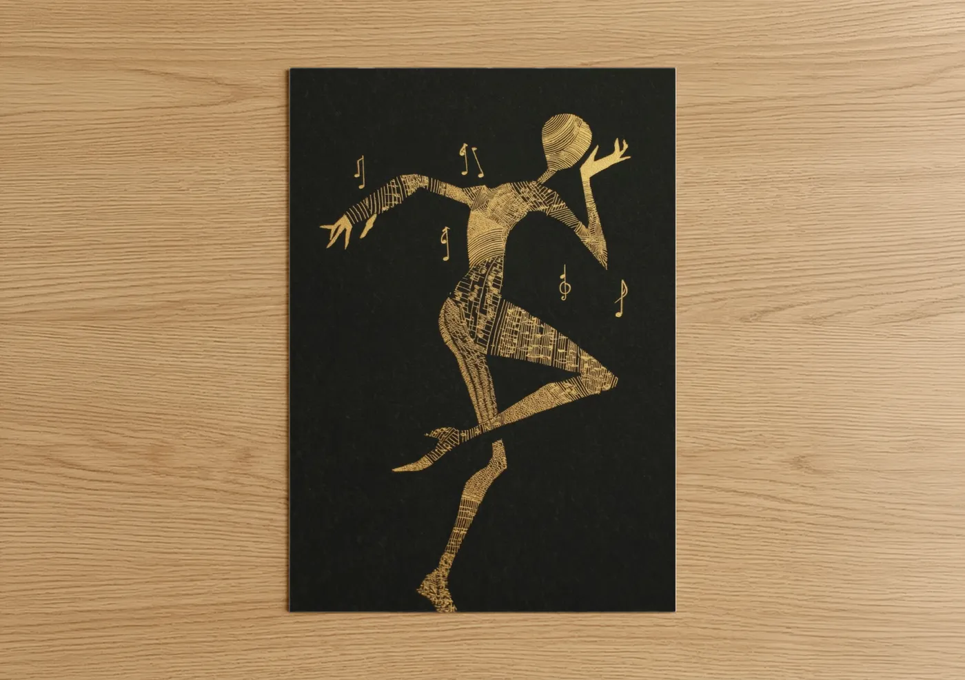 Art print on warm oak wood — gold and black palette — Golden Zumba Dancer poster