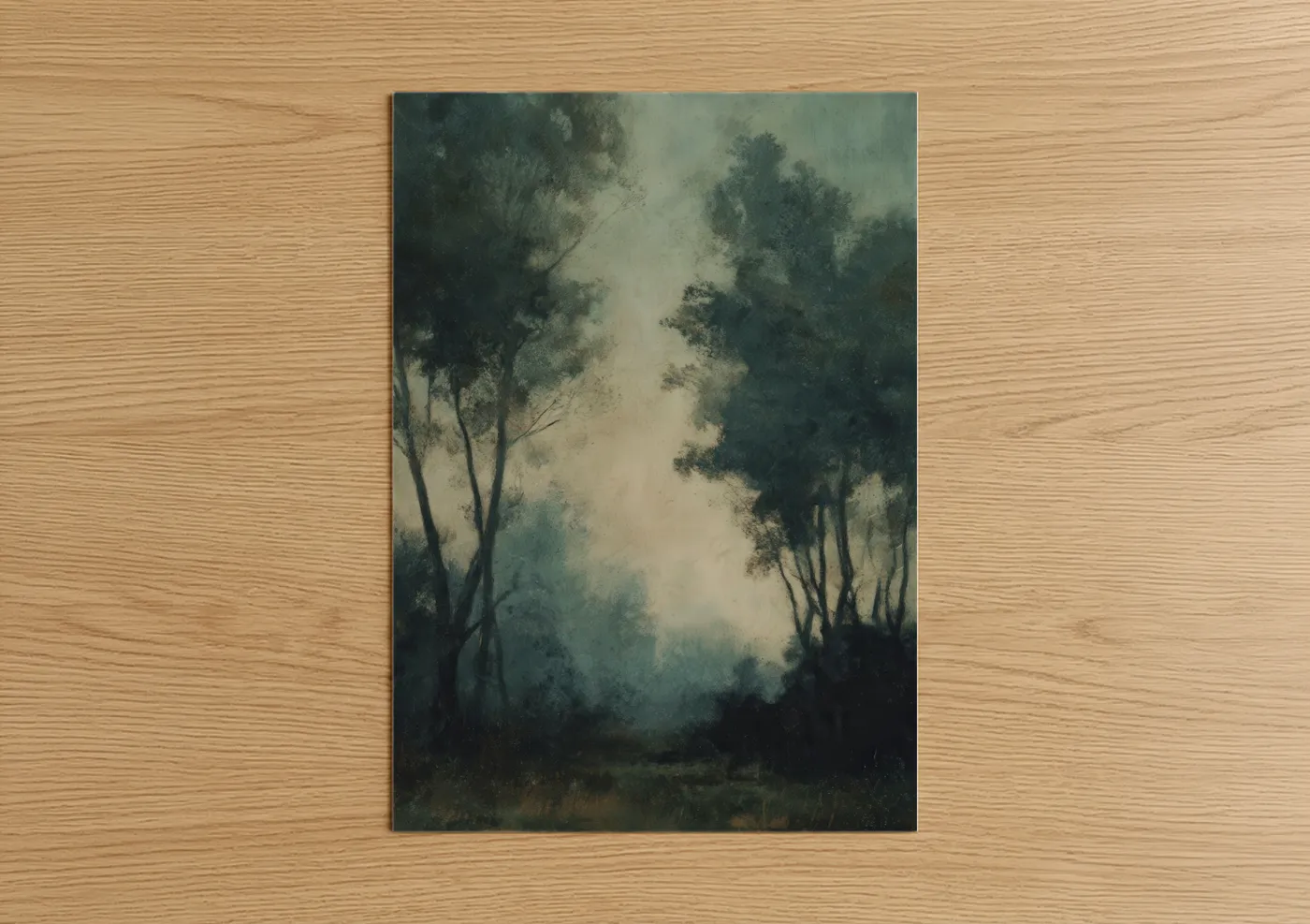 Misty Oak Forest Path Atmospheric Wall Art