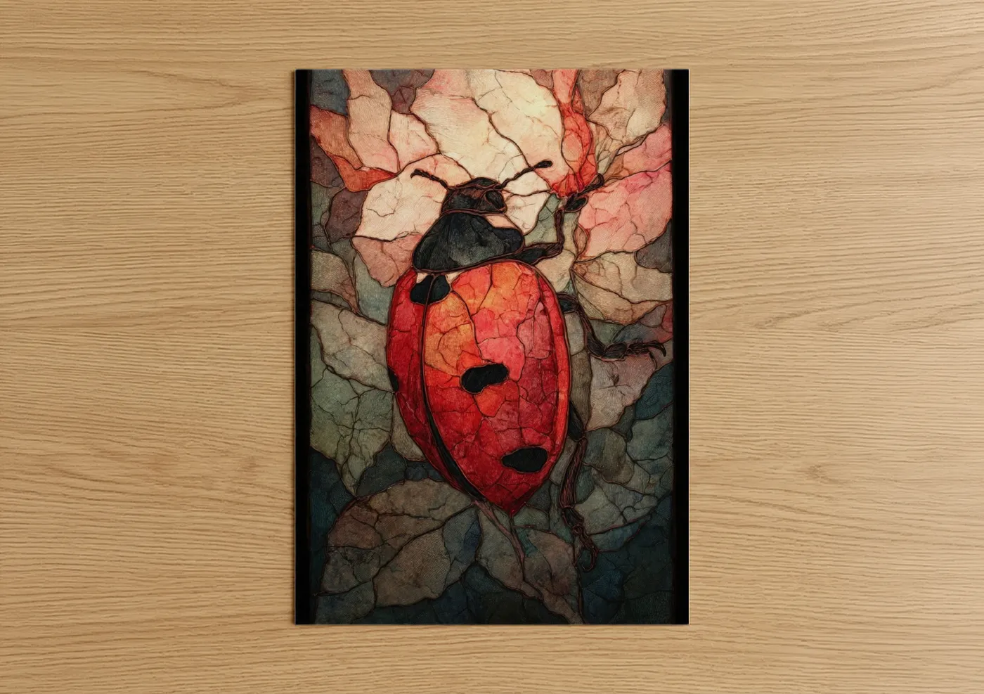 Art print on warm oak wood — red and gold palette — Crimson Ladybug poster