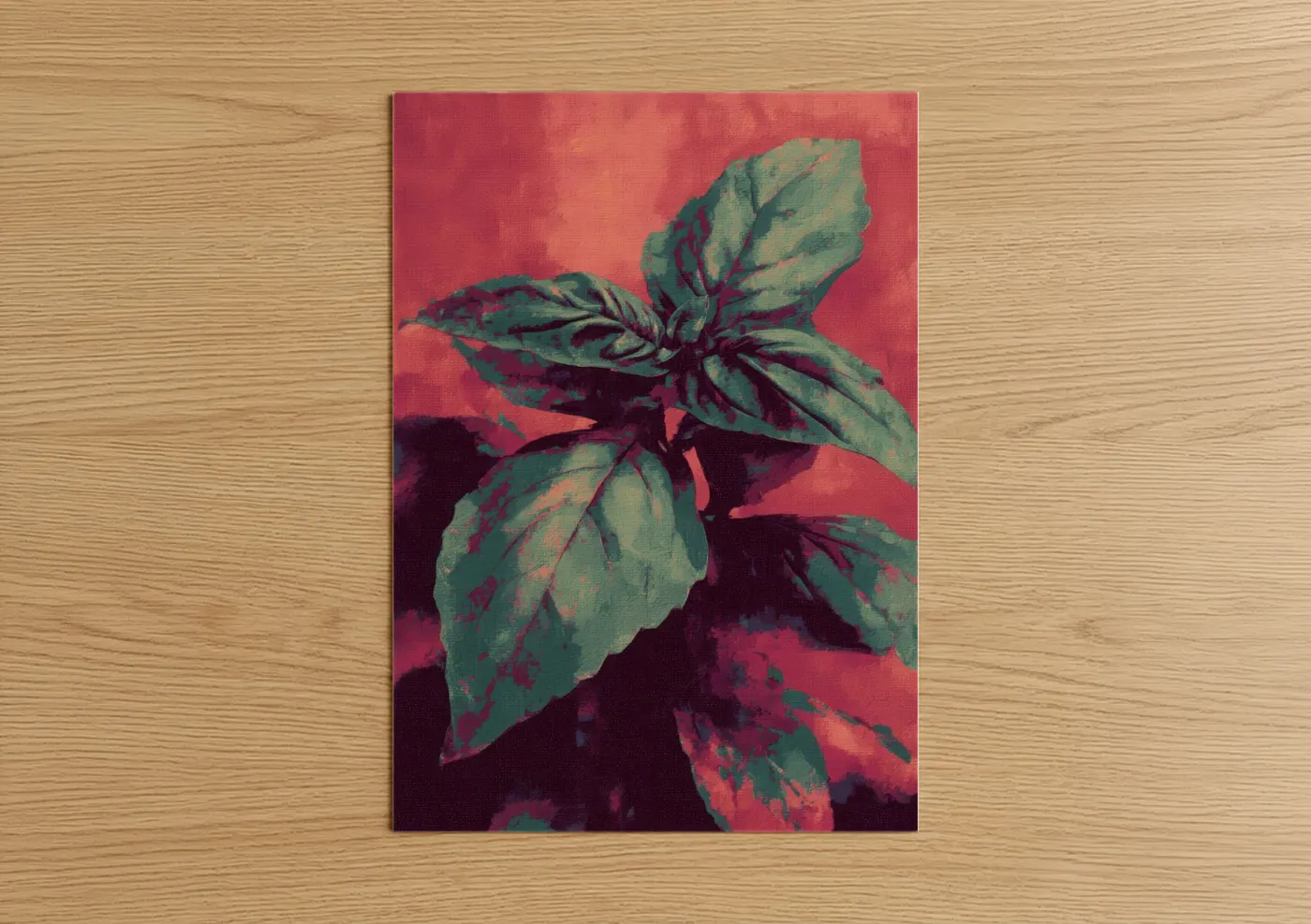 Herbs art print on warm oak wood — magenta and sage green palette — Vibrant Basil poster