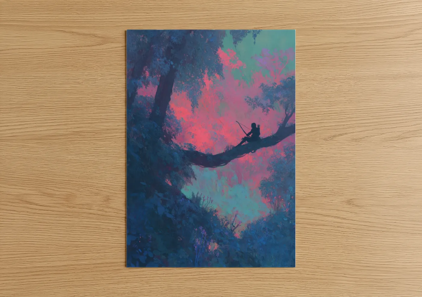 Archery art print on warm oak wood — magenta and teal palette — Dreamscape Archer poster