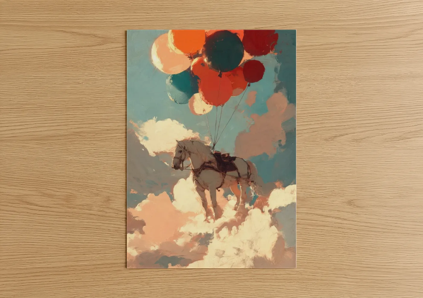 Clydesdale horse art print on warm oak wood — orange and teal palette — Floating Clydesdale poster