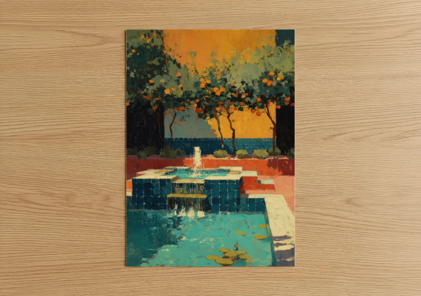 Golden Courtyard Fountain Architectural Wall Art