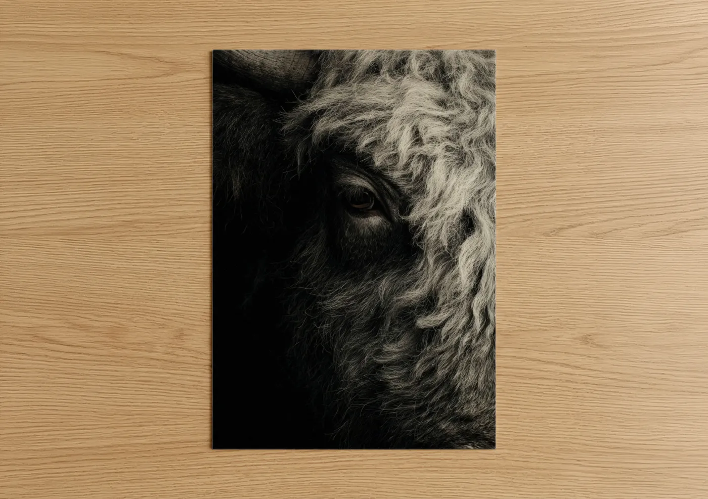 Art print on warm oak wood — black and white and gray palette — Highland Yak Portrait poster