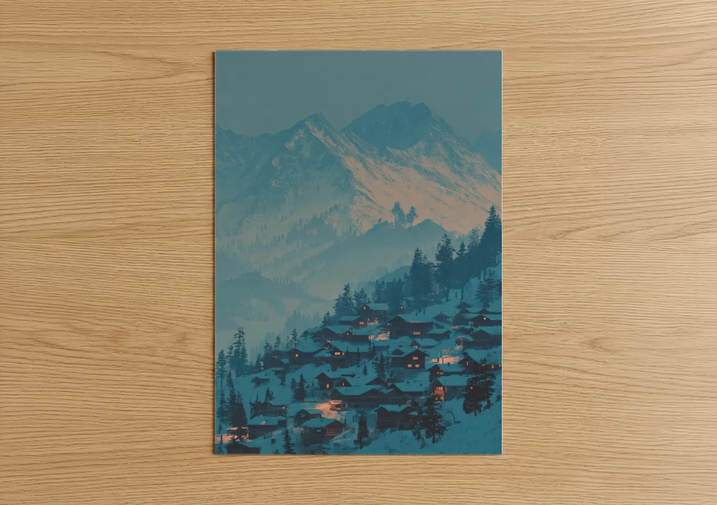 Art print on warm oak wood — blue and gold palette — Alpine Village Winter poster