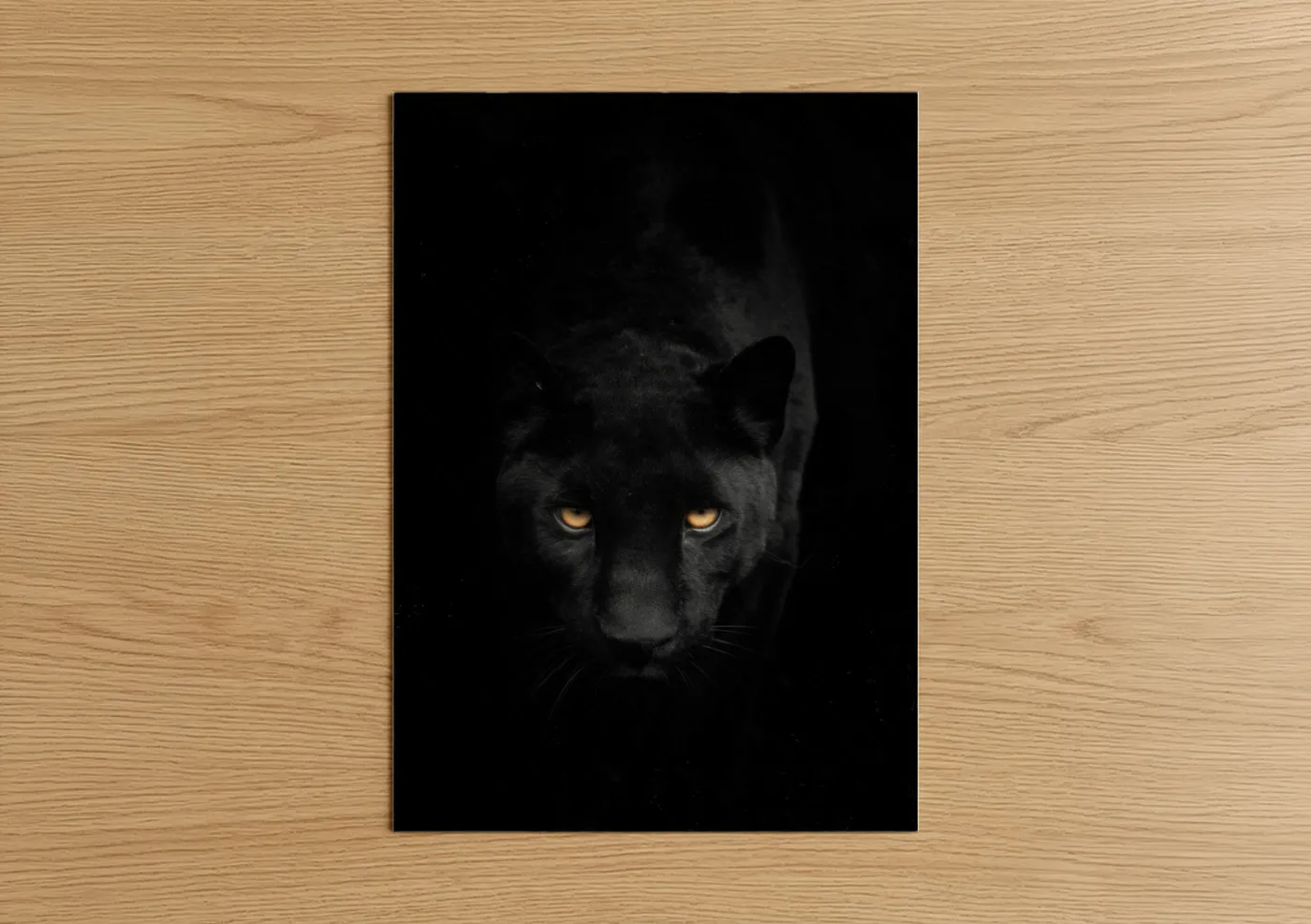 Art print on warm oak wood — black and gold and black palette — Golden-Eyed Panther poster