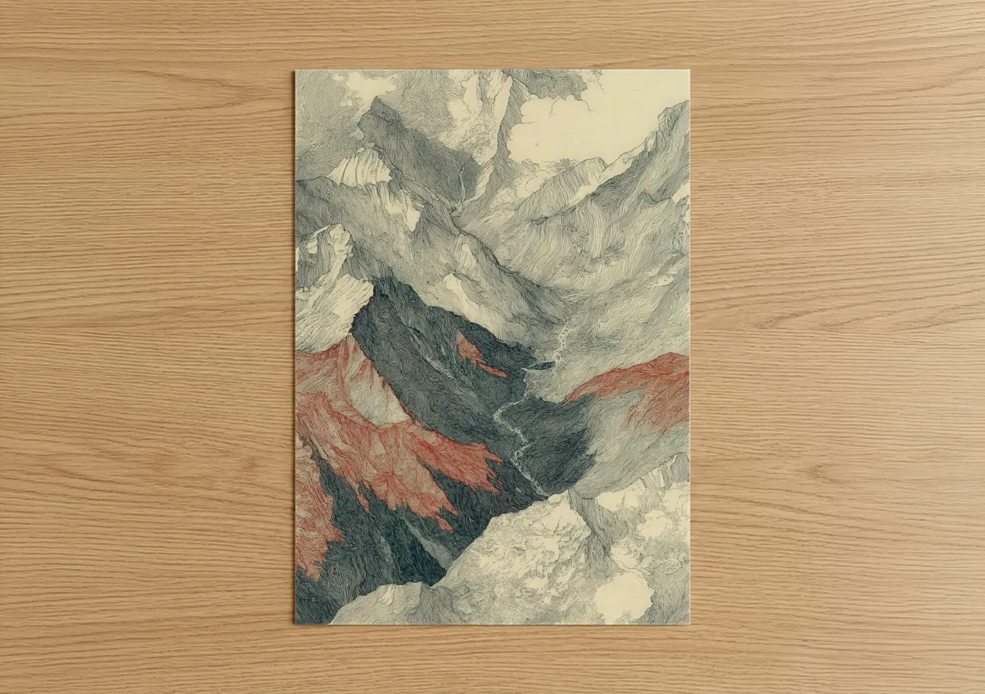 Mount everest art print on warm oak wood — cream and russet palette — Alpine Ridge Everest poster