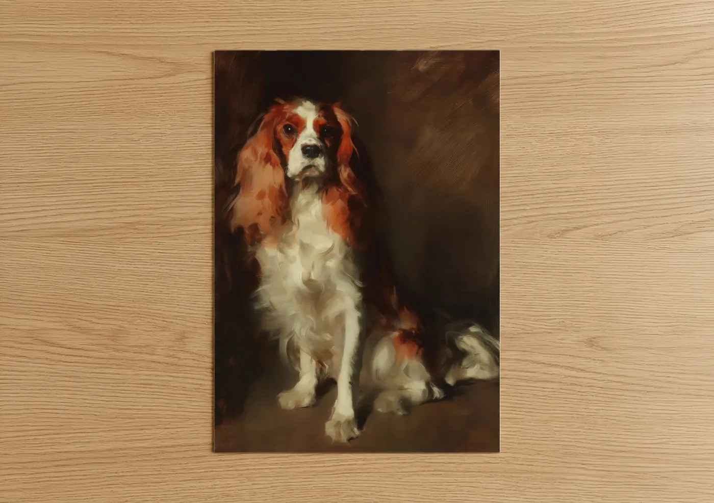 Art print on warm oak wood — brown and cream palette — Regal Spaniel Portrait poster