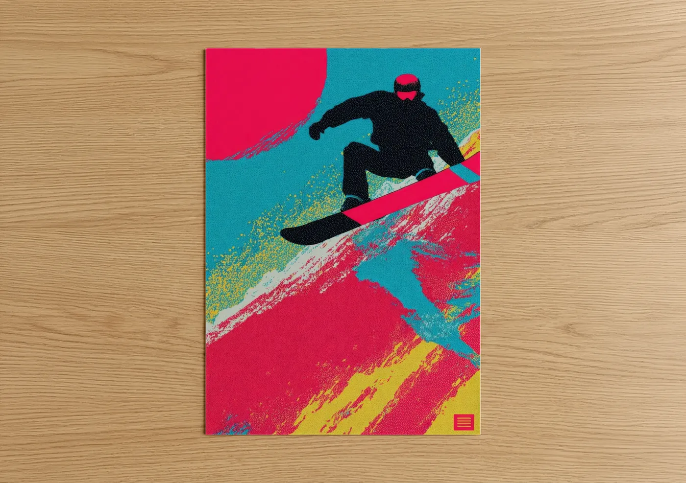Snowboarding art print on warm oak wood — magenta and turquoise palette — Neon Shredder poster