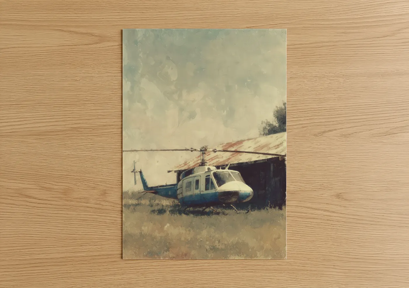 Vintage Helicopter Hangar Watercolor Wall Art