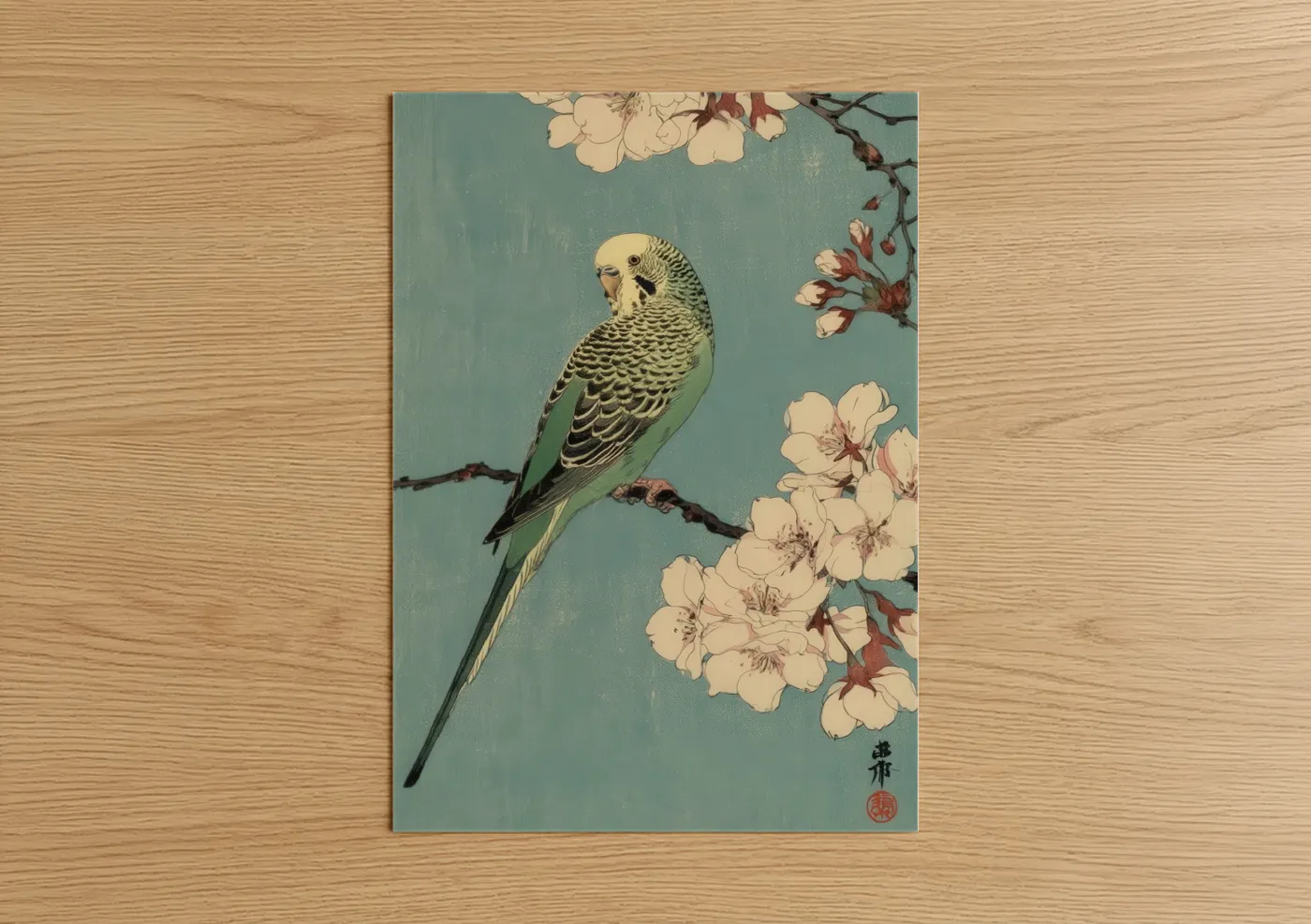 Blossoming Parakeet Japanese Art Print Wall Art