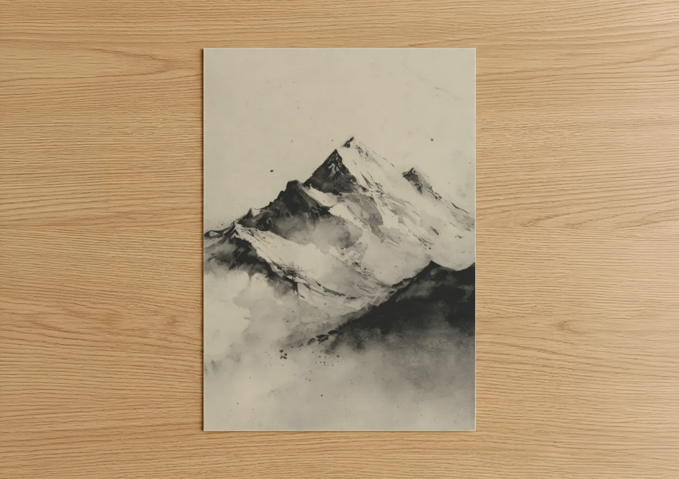 Mount everest art print on warm oak wood — black and white and gray palette — Snowy Everest poster