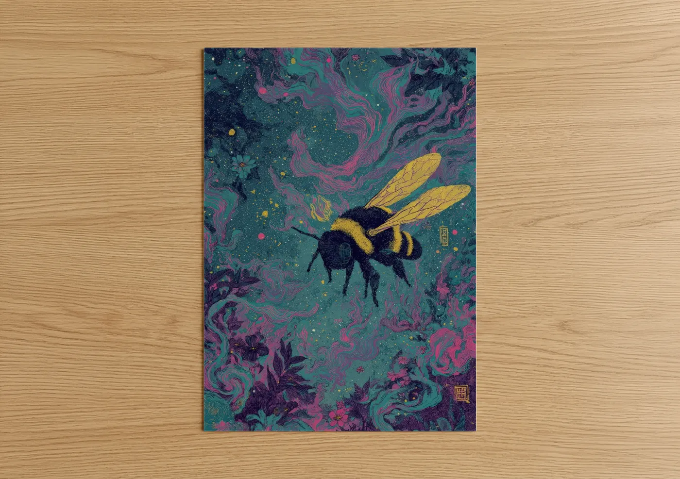 Art print on warm oak wood — magenta and teal palette — Ethereal Bee poster