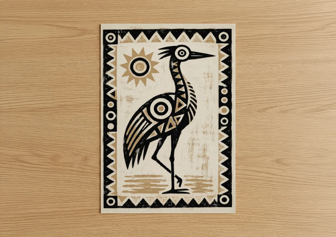 Art print on warm oak wood — black and white and beige palette — Geometric Crane Wall Art poster