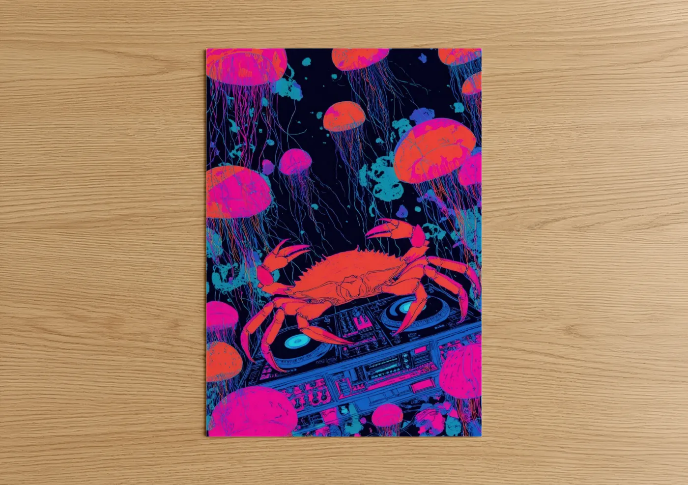 Neon Crab DJ Turntable Cyberpunk Wall Art