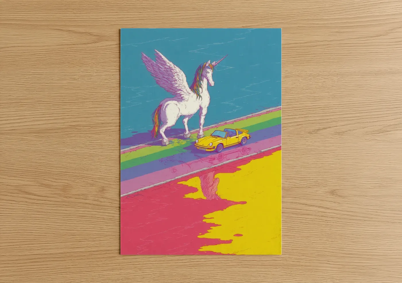 Art print on warm oak wood — magenta and blue palette — Rainbow Pegasus poster