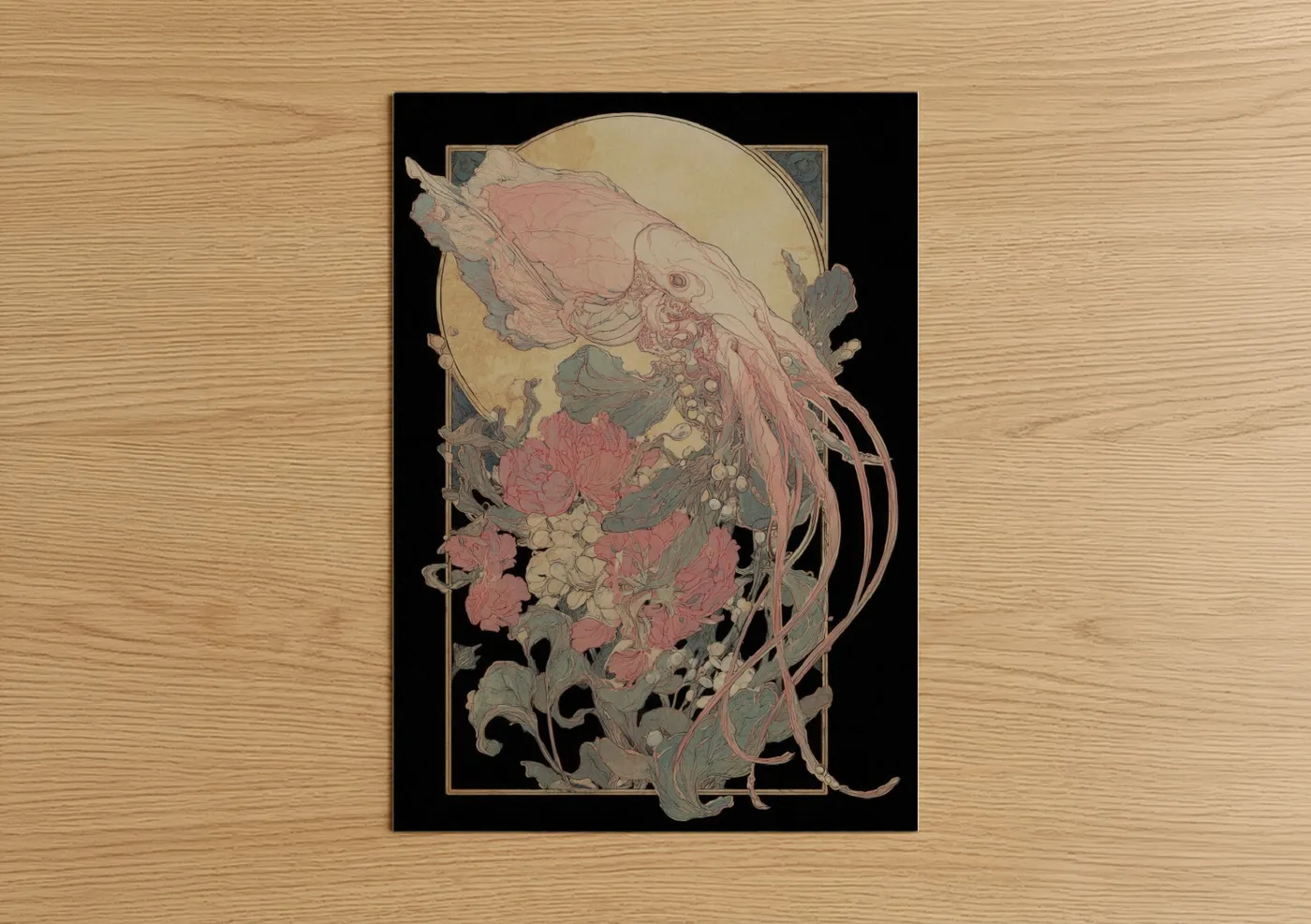 Art print on warm oak wood — rose gold and sage green palette — Floral Squid poster