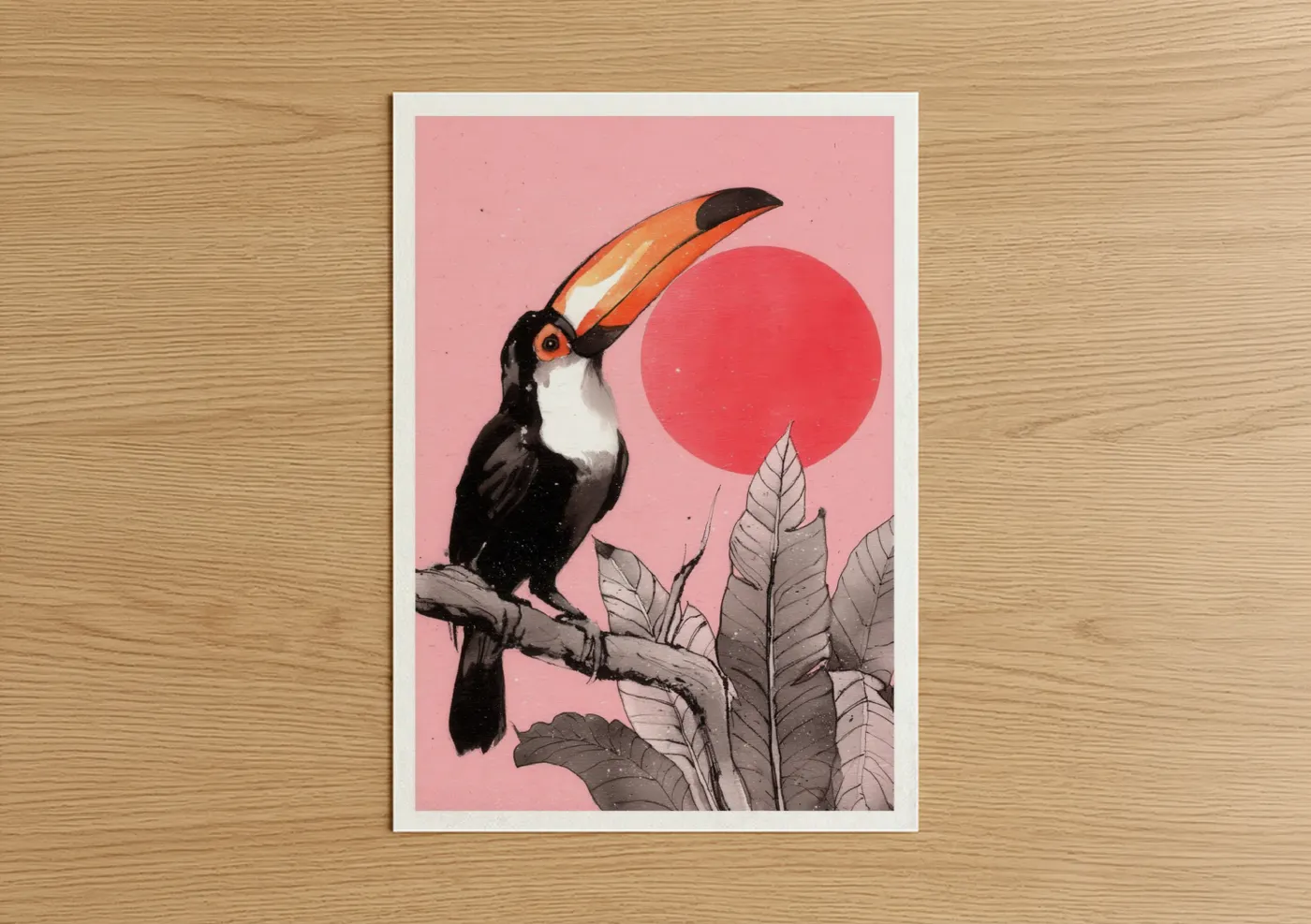 Art print on warm oak wood — pink and orange palette — Crimson Toucan poster