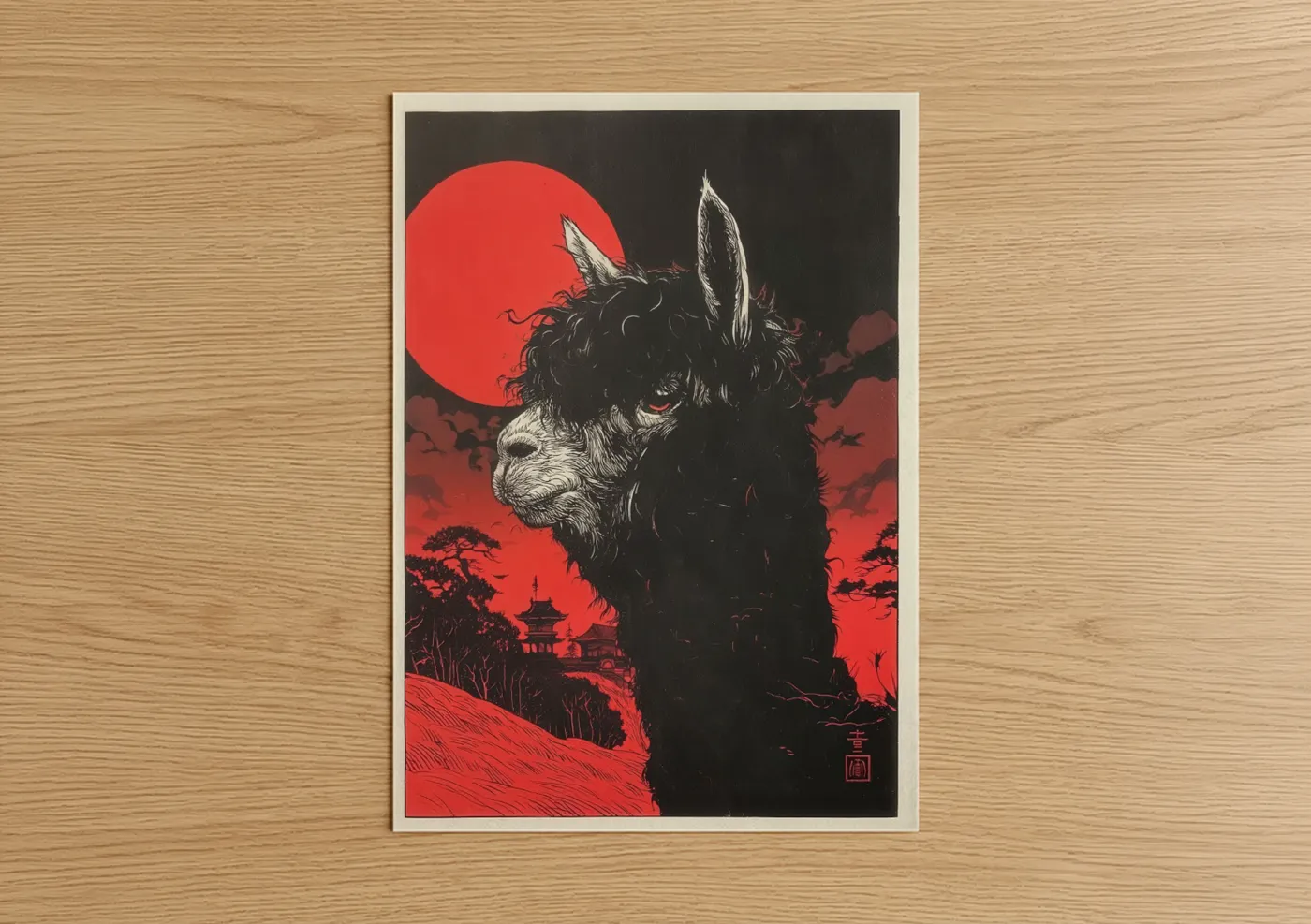Crimson Alpaca Japanese Woodblock Wall Art