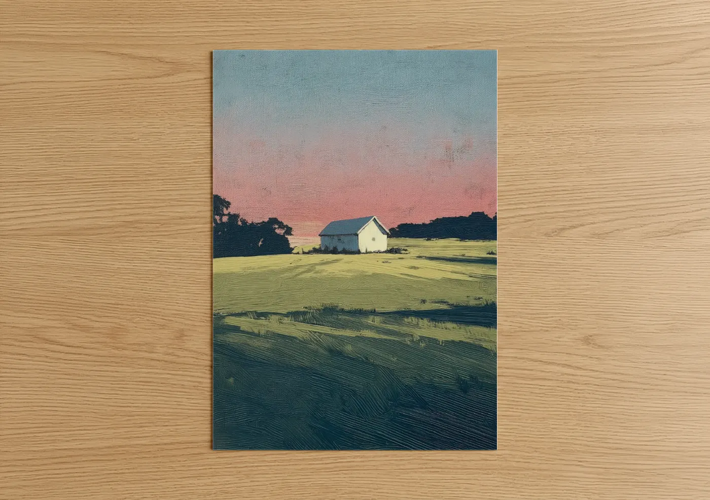 Various landscapes art print on warm oak wood — salmon pink and light green palette — Farmhouse Sunset poster