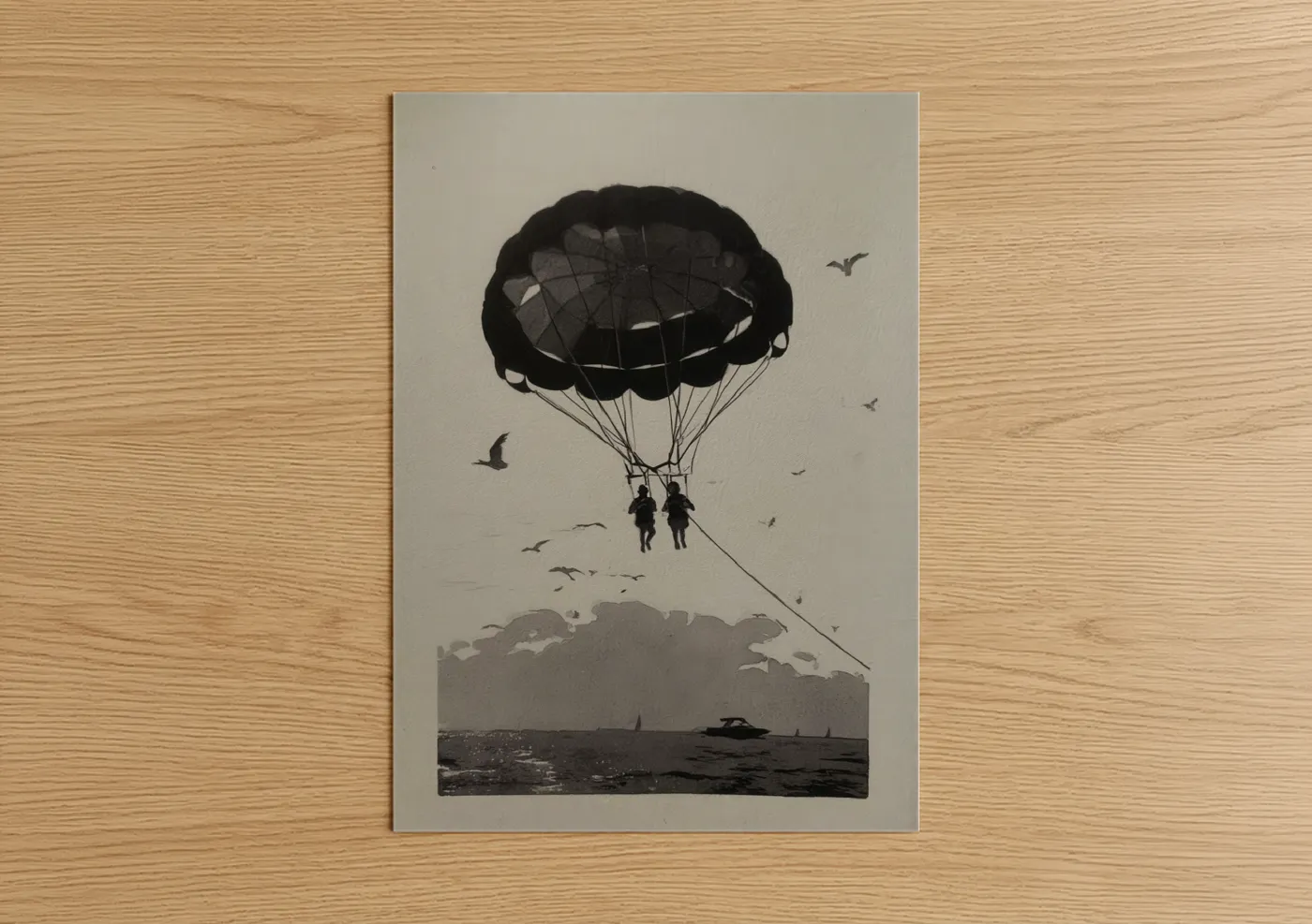 Art print on warm oak wood — black and white palette — Skyward Parasailing poster