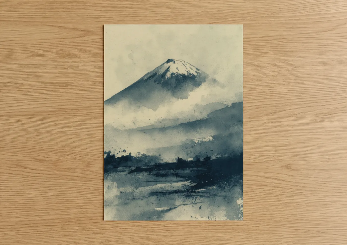 Mount fuji art print on warm oak wood — blue and cream palette — Misty Fuji poster