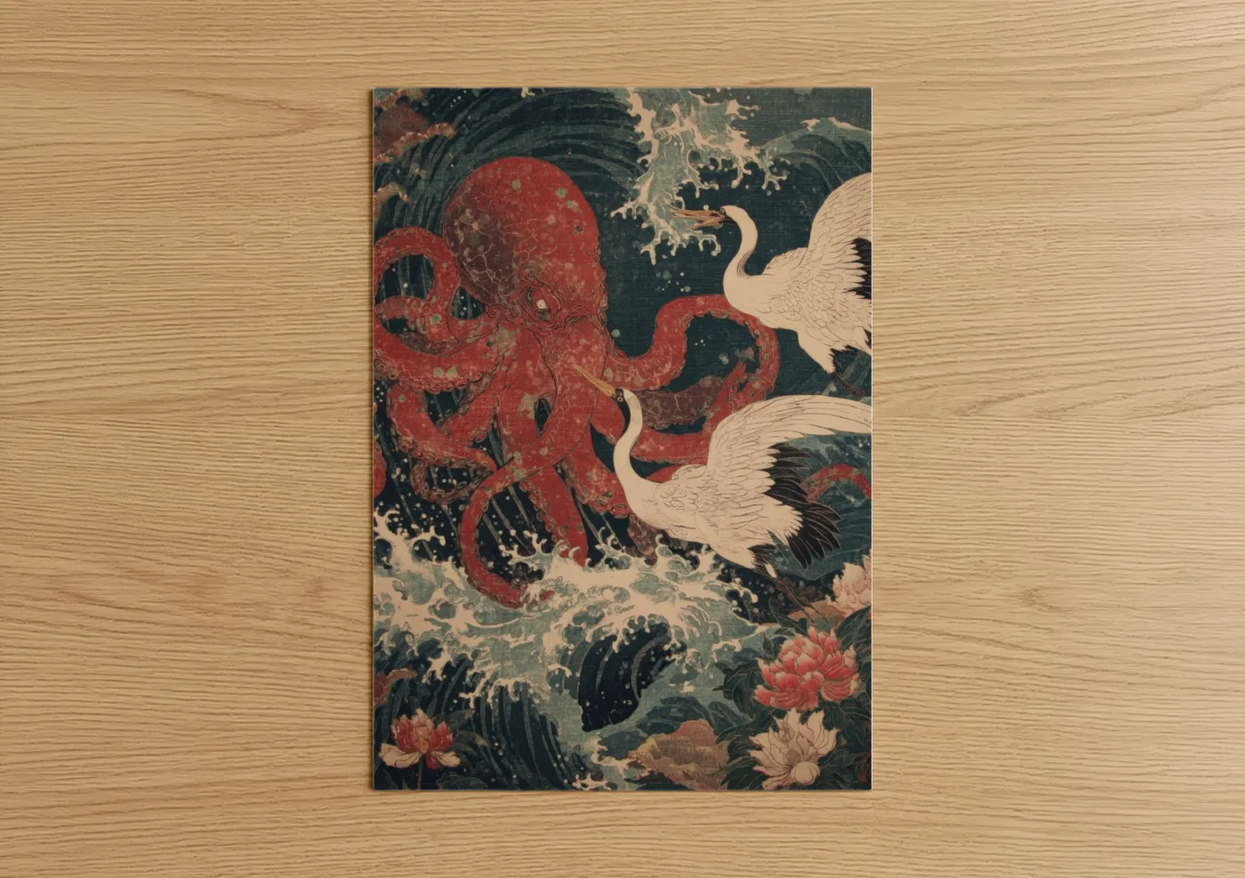 Art print on warm oak wood — red and dark green palette — Crimson Cthulhu poster