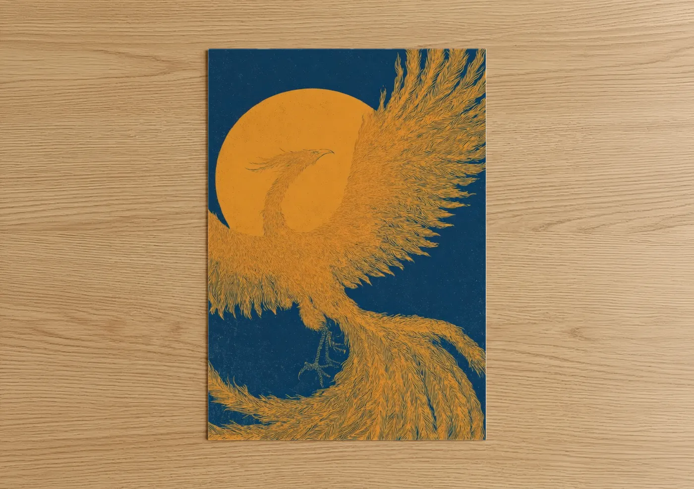 The sun art print on warm oak wood — gold and blue and gold palette — Golden Phoenix Rising poster