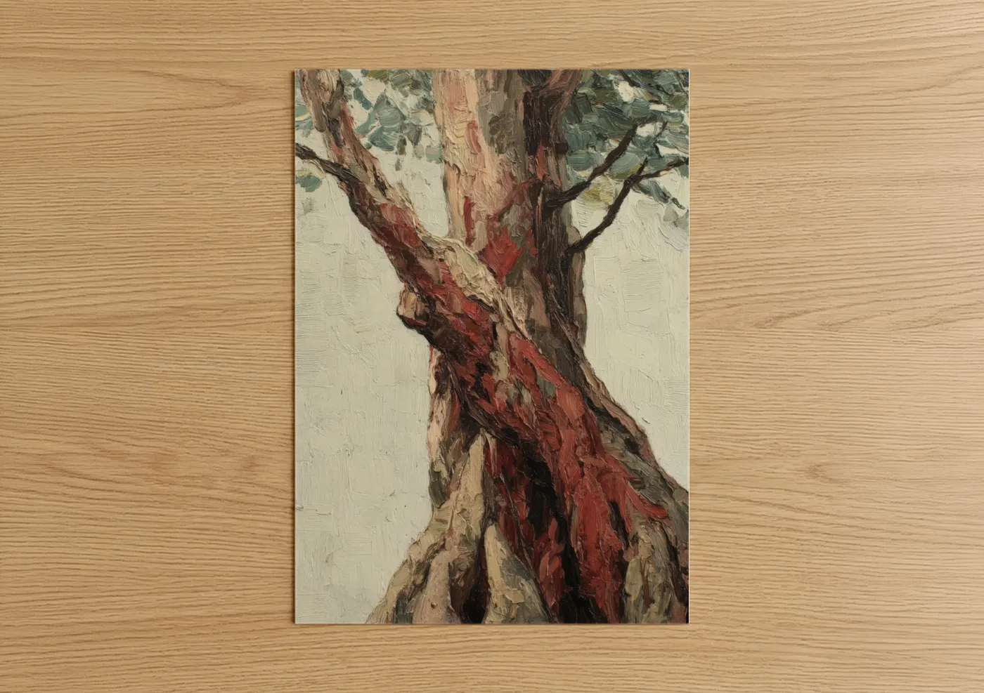 Banyan tree art print on warm oak wood — russet and cream palette — Ancient Banyan poster