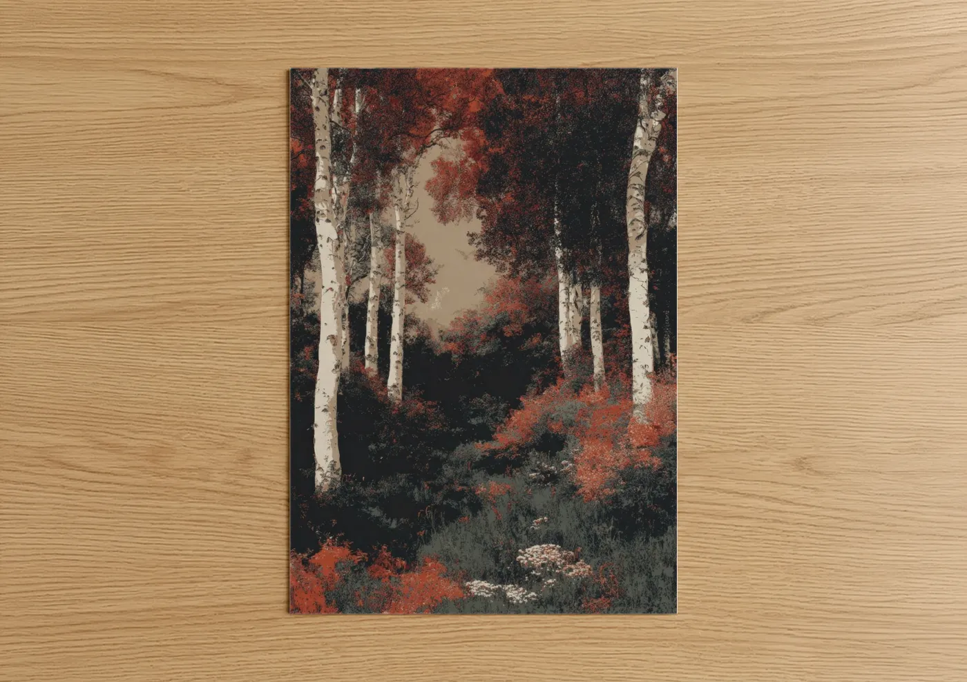 Art print on warm oak wood — red and cream palette — Autumn Birch Forest poster