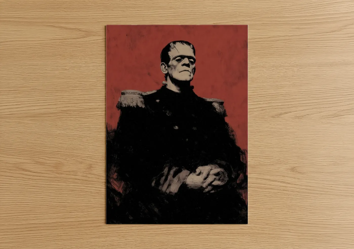 Halloween art print on warm oak wood — red and black and white palette — Monster Classic poster