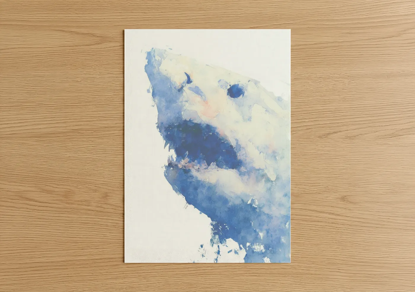 Sand tiger shark art print on warm oak wood — blue and white palette — Arctic Shark poster