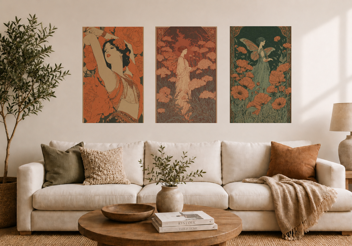 3-piece art print set leaning in an entryway — mid century modern — Art Deco Botanical Figures Set of 3 Wall Art, living room wall art